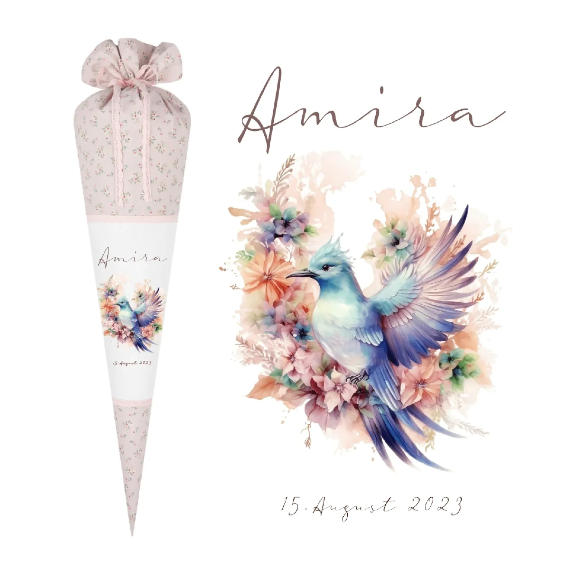 Rosa Stoff Schultüte Vogel Mädchen Name Personalisiert Blumen Boho Vintage Einschulungstüte Zuckertüte 70 cm | Optional mit Füllkissen und Spitzenschutz