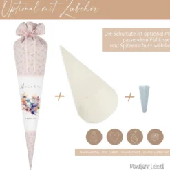 Rosa Stoff Schultüte Vogel Mädchen Name Personalisiert Blumen Boho Vintage Einschulungstüte Zuckertüte 70 cm | Optional mit Füllkissen und Spitzenschutz