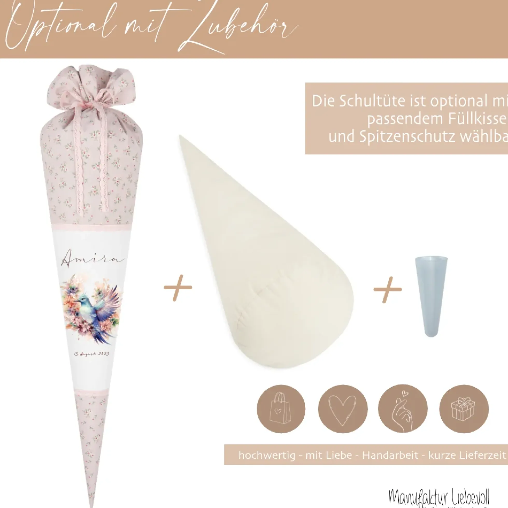 Rosa Stoff Schultüte Vogel Mädchen Name Personalisiert Blumen Boho Vintage Einschulungstüte Zuckertüte 70 cm | Optional mit Füllkissen und Spitzenschutz