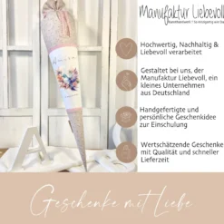 Rosa Stoff Schultüte Vogel Mädchen Name Personalisiert Blumen Boho Vintage Einschulungstüte Zuckertüte 70 cm | Optional mit Füllkissen und Spitzenschutz