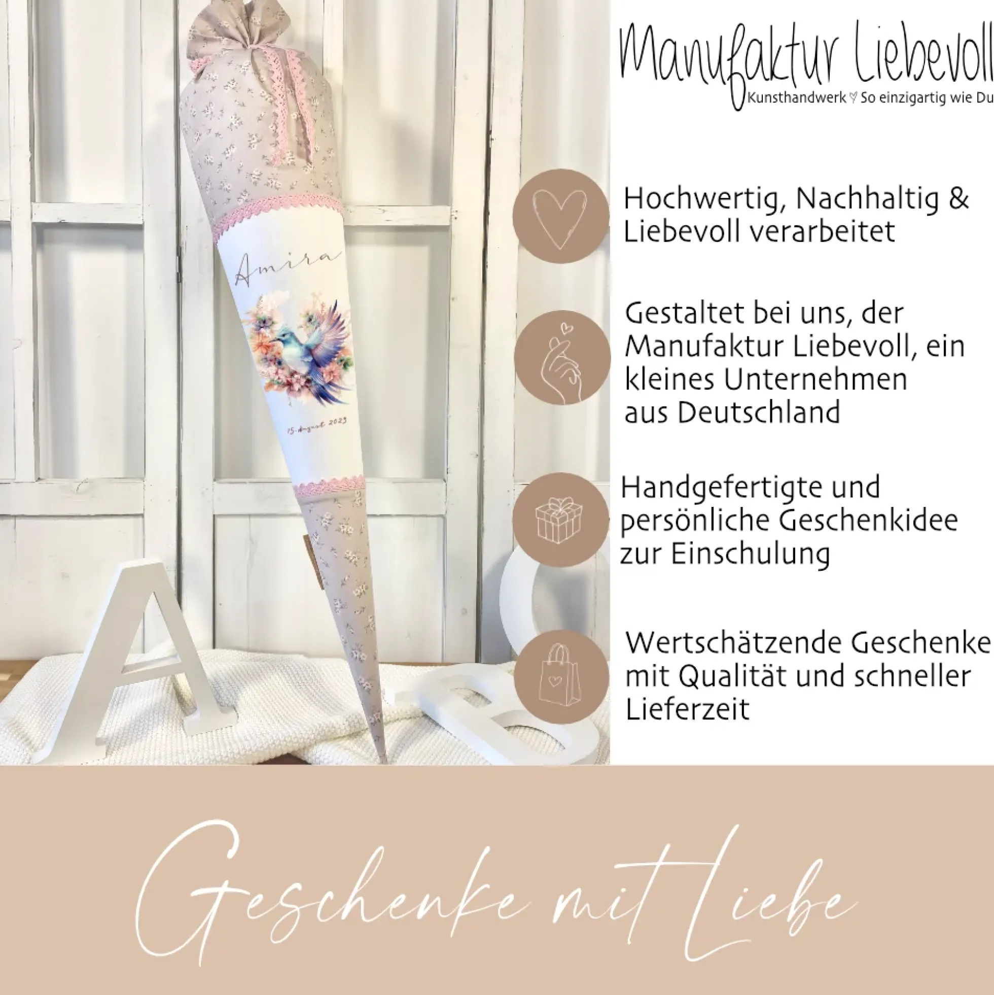 Rosa Stoff Schultüte Vogel Mädchen Name Personalisiert Blumen Boho Vintage Einschulungstüte Zuckertüte 70 cm | Optional mit Füllkissen und Spitzenschutz