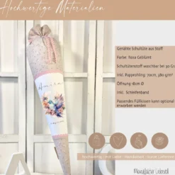 Rosa Stoff Schultüte Vogel Mädchen Name Personalisiert Blumen Boho Vintage Einschulungstüte Zuckertüte 70 cm | Optional mit Füllkissen und Spitzenschutz