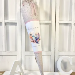 Rosa Stoff Schultüte Vogel Mädchen Name Personalisiert Blumen Boho Vintage Einschulungstüte Zuckertüte 70 cm | Optional mit Füllkissen und Spitzenschutz