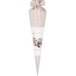 Rosa Stoff Schultüte Vogel Mädchen Name Personalisiert Blumen Boho Vintage Einschulungstüte Zuckertüte 70 cm | Optional mit Füllkissen und Spitzenschutz