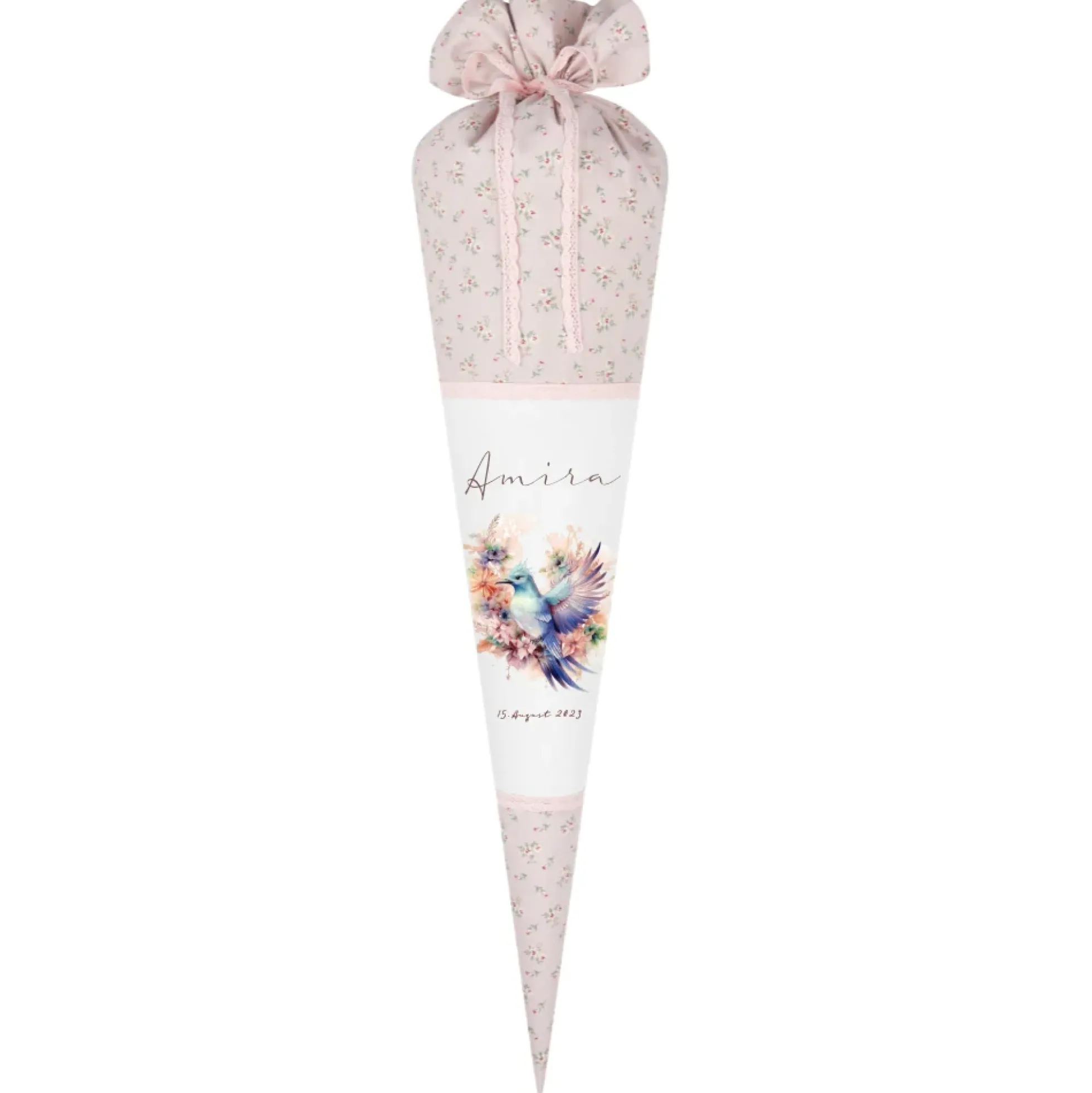 Rosa Stoff Schultüte Vogel Mädchen Name Personalisiert Blumen Boho Vintage Einschulungstüte Zuckertüte 70 cm | Optional mit Füllkissen und Spitzenschutz