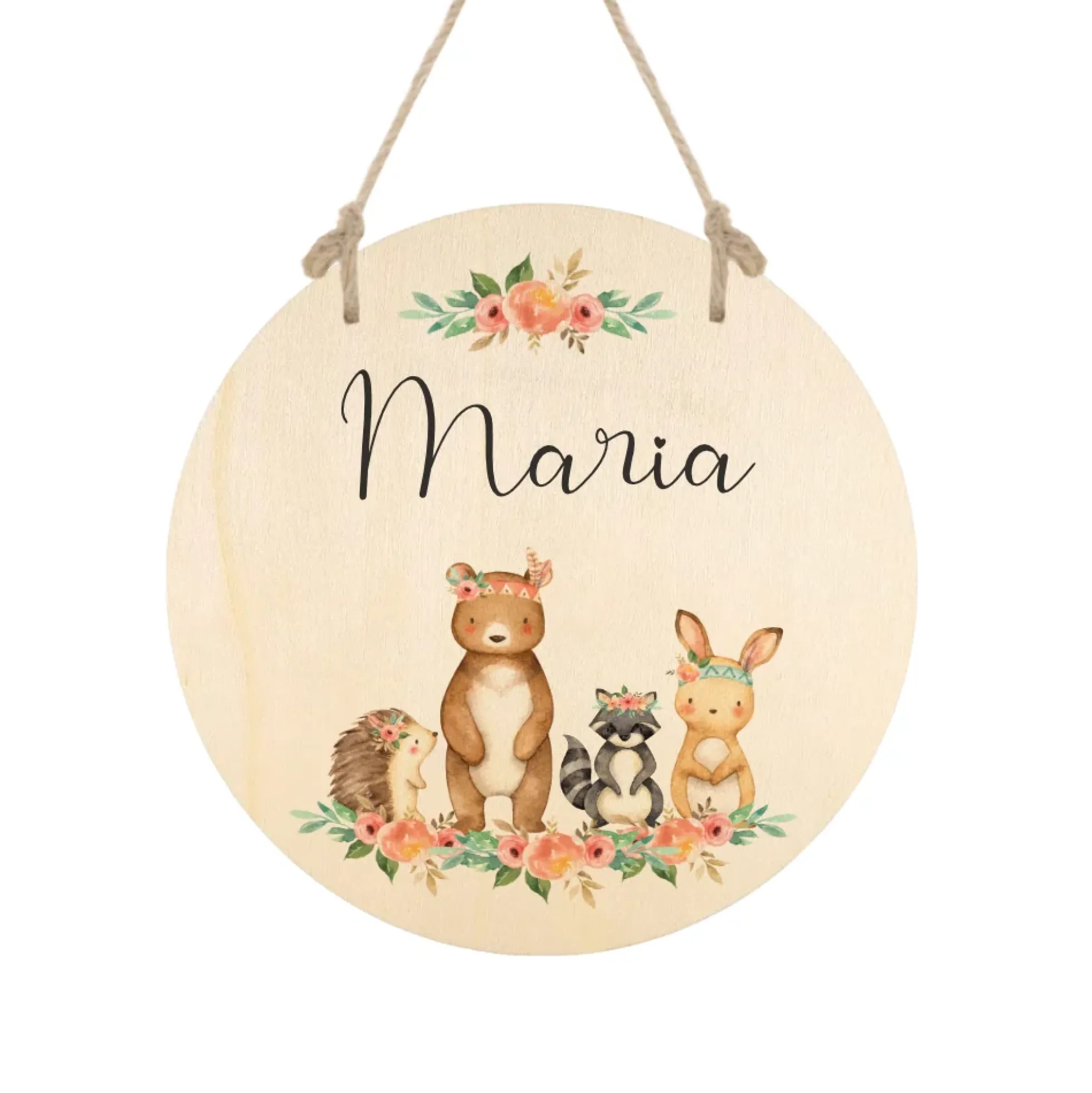 Rundes Namensschild "Boho Tiere" aus Holz mit dem Namen des Kindes