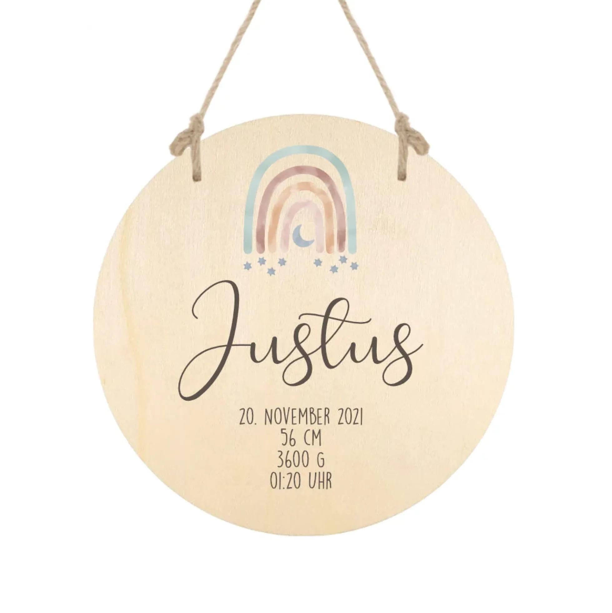 Rundes Namensschild "Regenbogen" | Personalisiert mit dem Namen des Babys. u. Kindes | Liebevolle Deko für das Baby- und Kinderzimmer aus Holz und personalisiertes Geschenk zur Geburt u. Taufe | Türschild in 6 Motivvarianten für Jungen und Mädchen
