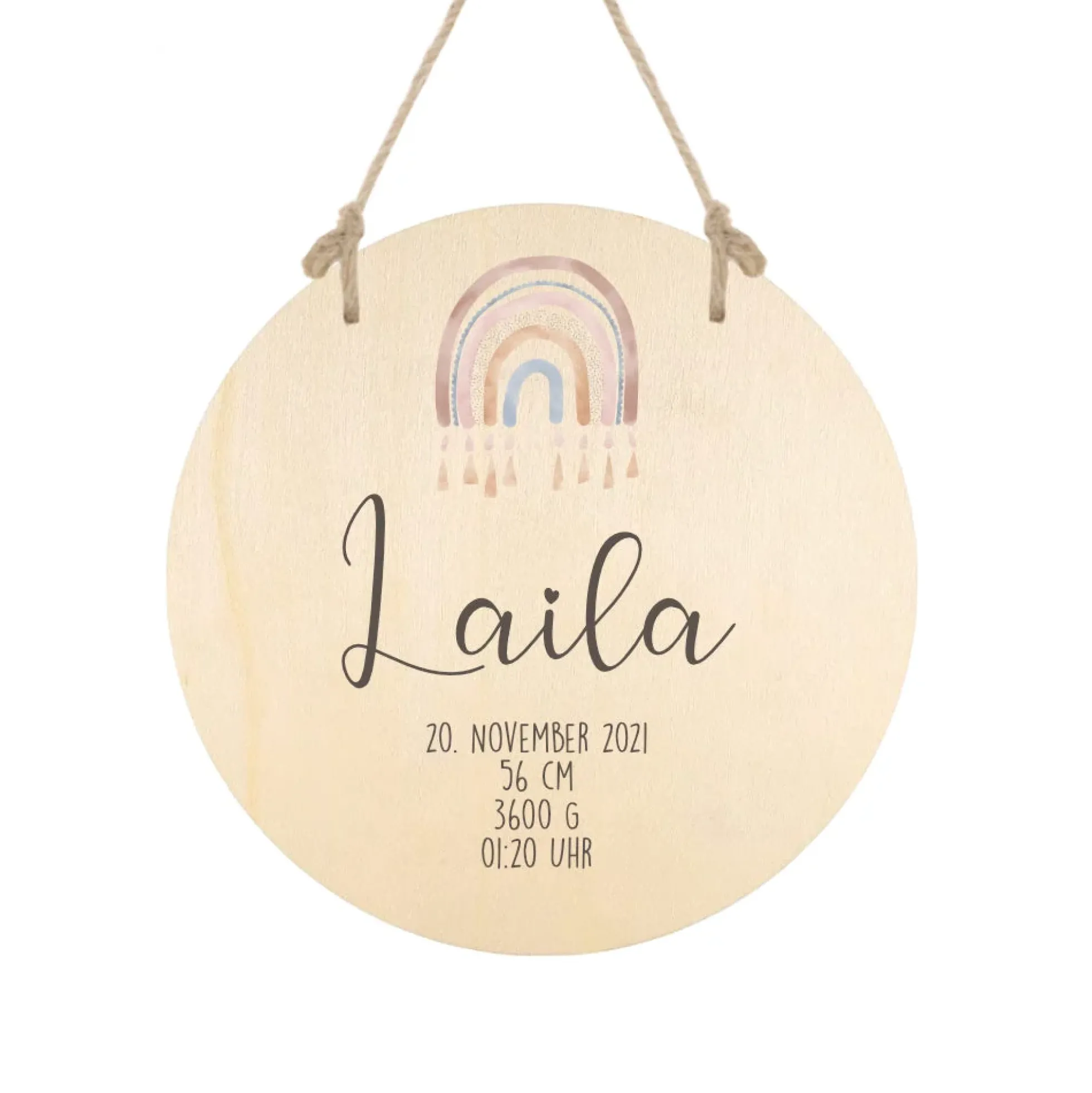 Rundes Namensschild "Regenbogen" | Personalisiert mit dem Namen des Babys. u. Kindes | Liebevolle Deko für das Baby- und Kinderzimmer aus Holz und personalisiertes Geschenk zur Geburt u. Taufe | Türschild in 6 Motivvarianten für Jungen und Mädchen