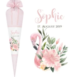 Schöne Schultüte aus rosa Stoff mit einem Flamingo | Stoffschultüte mit Namen u. Einschulungsdatum des Mädchens | Optional mit Füllkissen und Spitzenschutz