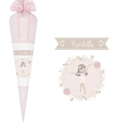 Schöne Schultüte für Mädchen mit Ballerina und Namen des Kindes | Besondere Stoffschultüte liebevoll personalisiert | Optional mit Füllkissen und Spitzenschutz