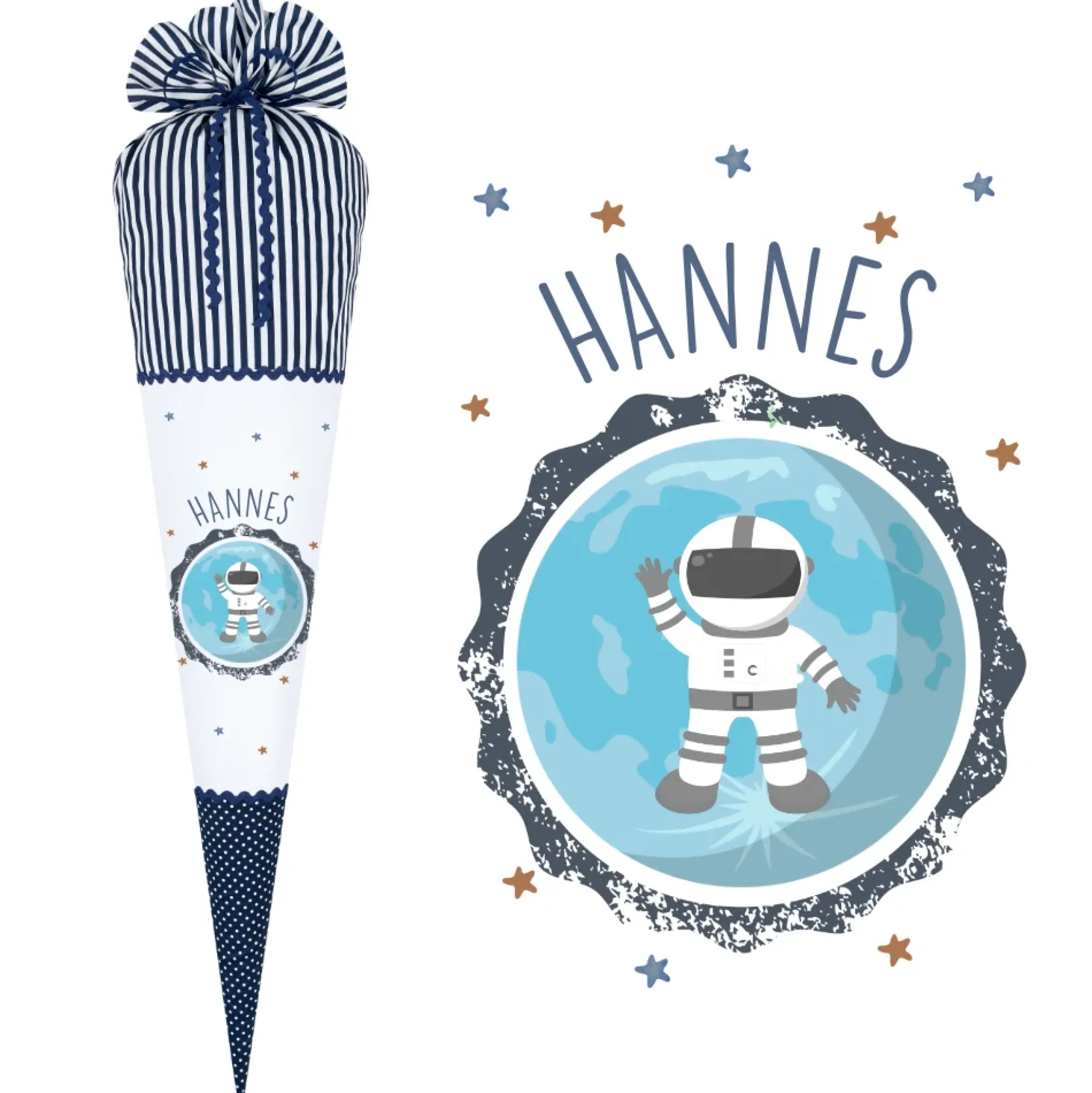Schultüte "Astronaut" | Blaue Stoffschultüte für Jungen | Einschulungstüte mit Namen aus Stoff | Optional mit Füllkissen und Spitzenschutz