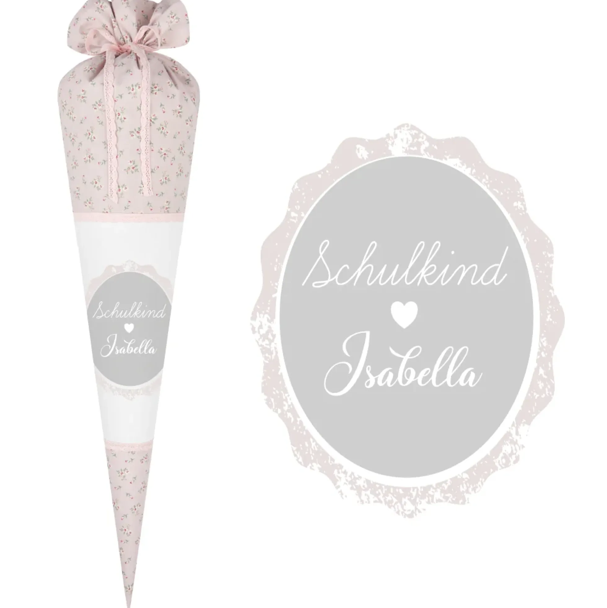 Schultüte aus geblümten Stoff in Rosa | Personalisiert mit dem Namen des Kindes | Optional mit Füllkissen und Spitzenschutz
