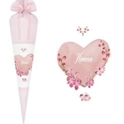 Schultüte aus rosa Stoff für Mädchen | Personalisierte Stoffschultüte mit einem Herz | Optional mit Füllkissen und Spitzenschutz