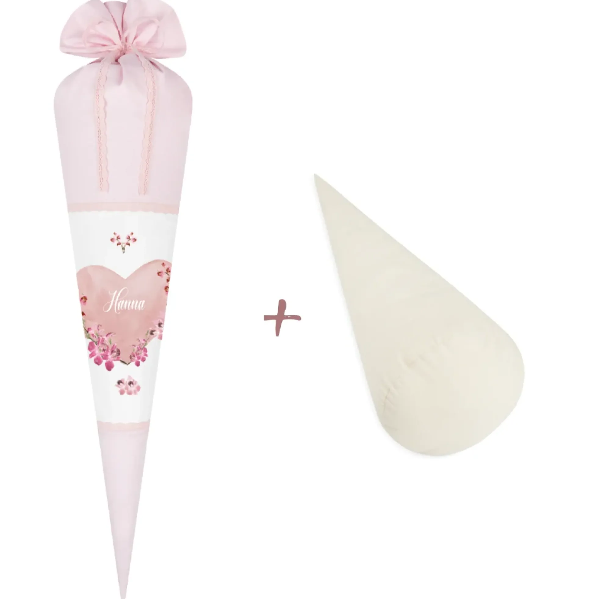 Schultüte aus rosa Stoff für Mädchen | Personalisierte Stoffschultüte mit einem Herz | Optional mit Füllkissen und Spitzenschutz