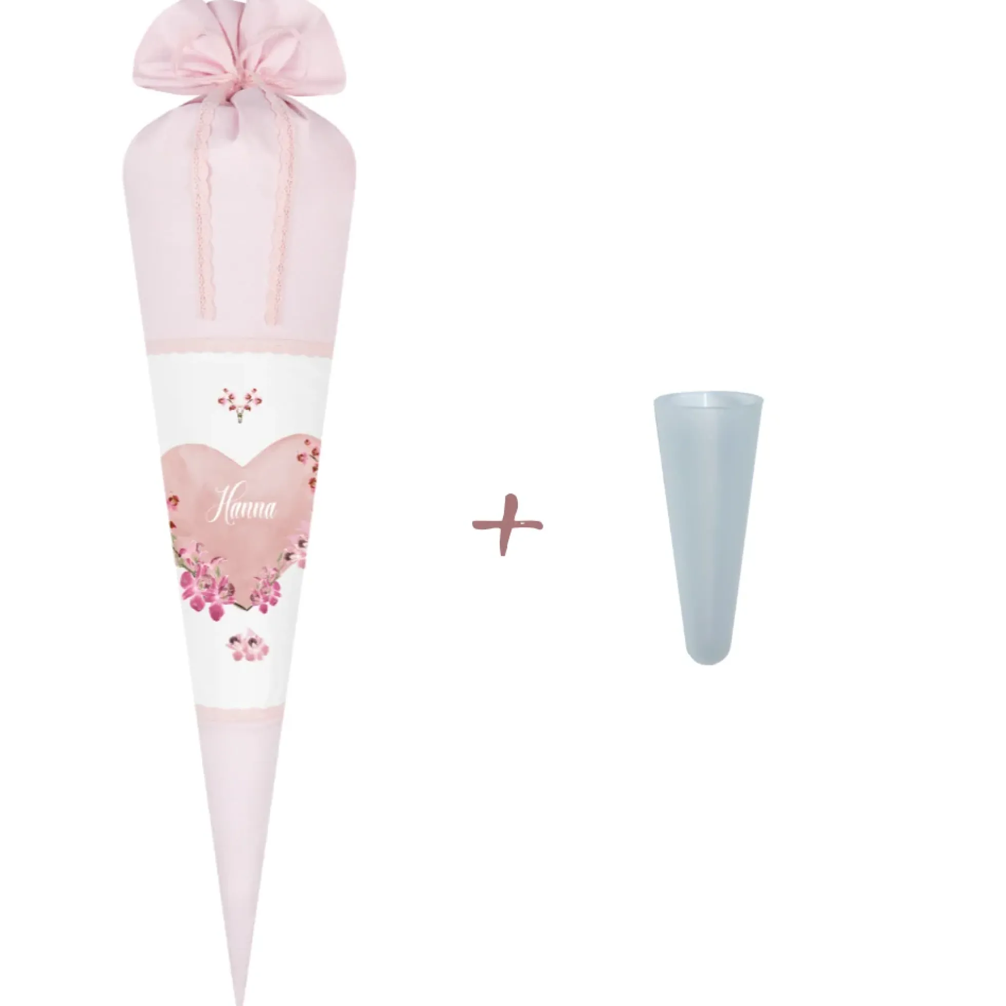 Schultüte aus rosa Stoff für Mädchen | Personalisierte Stoffschultüte mit einem Herz | Optional mit Füllkissen und Spitzenschutz