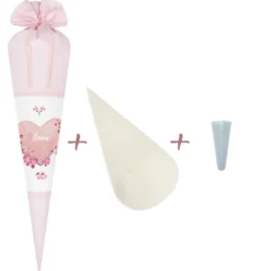 Schultüte aus rosa Stoff für Mädchen | Personalisierte Stoffschultüte mit einem Herz | Optional mit Füllkissen und Spitzenschutz