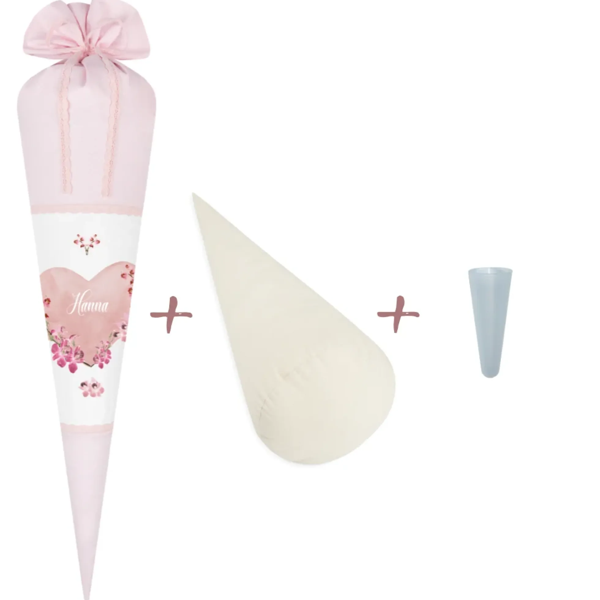 Schultüte aus rosa Stoff für Mädchen | Personalisierte Stoffschultüte mit einem Herz | Optional mit Füllkissen und Spitzenschutz