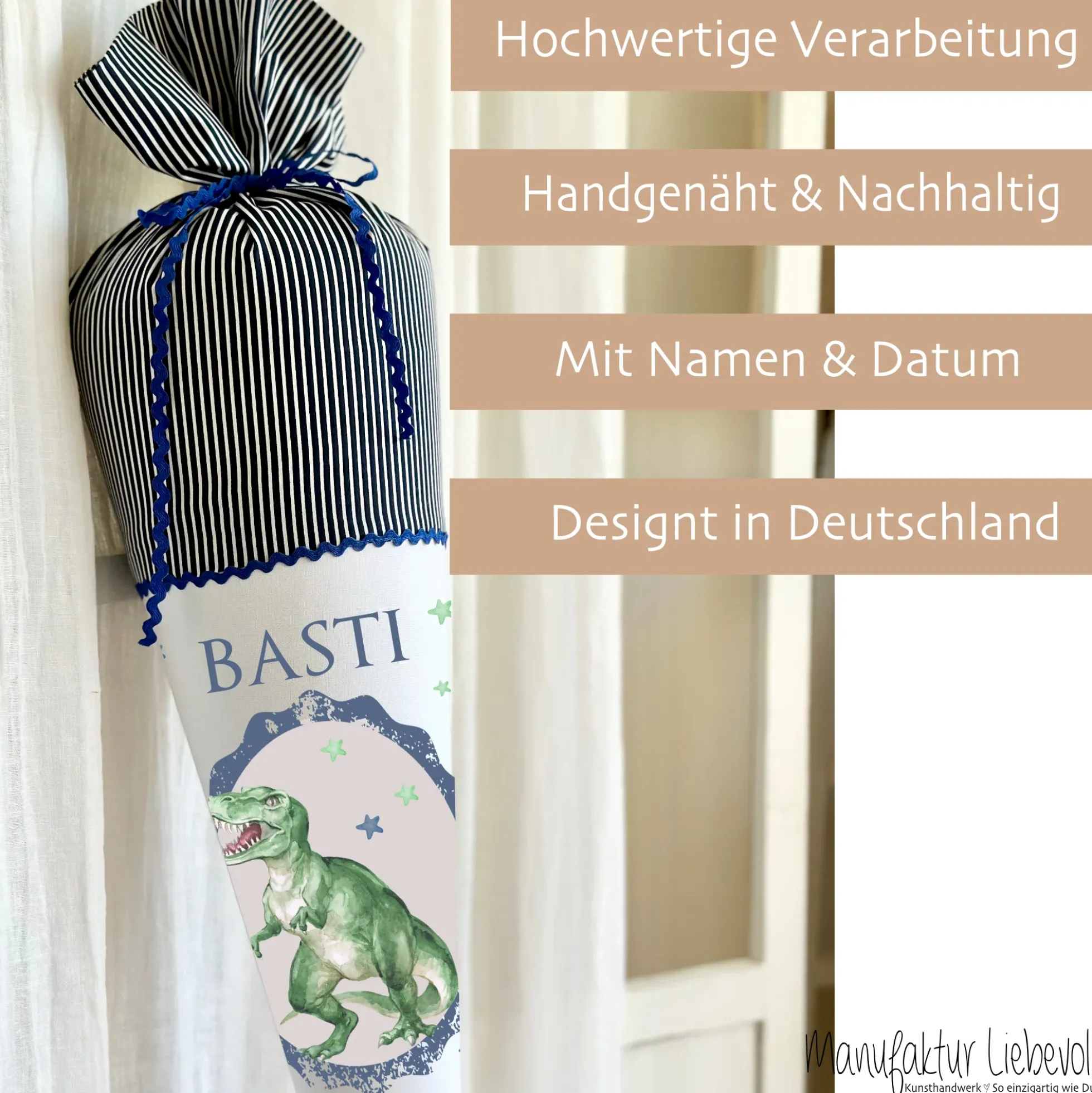 Schultüte "Dinosaurier" aus blauem Stoff | Personalisiert mit dem Namen für Jungen | Optional mit Füllkissen und Spitzenschutz
