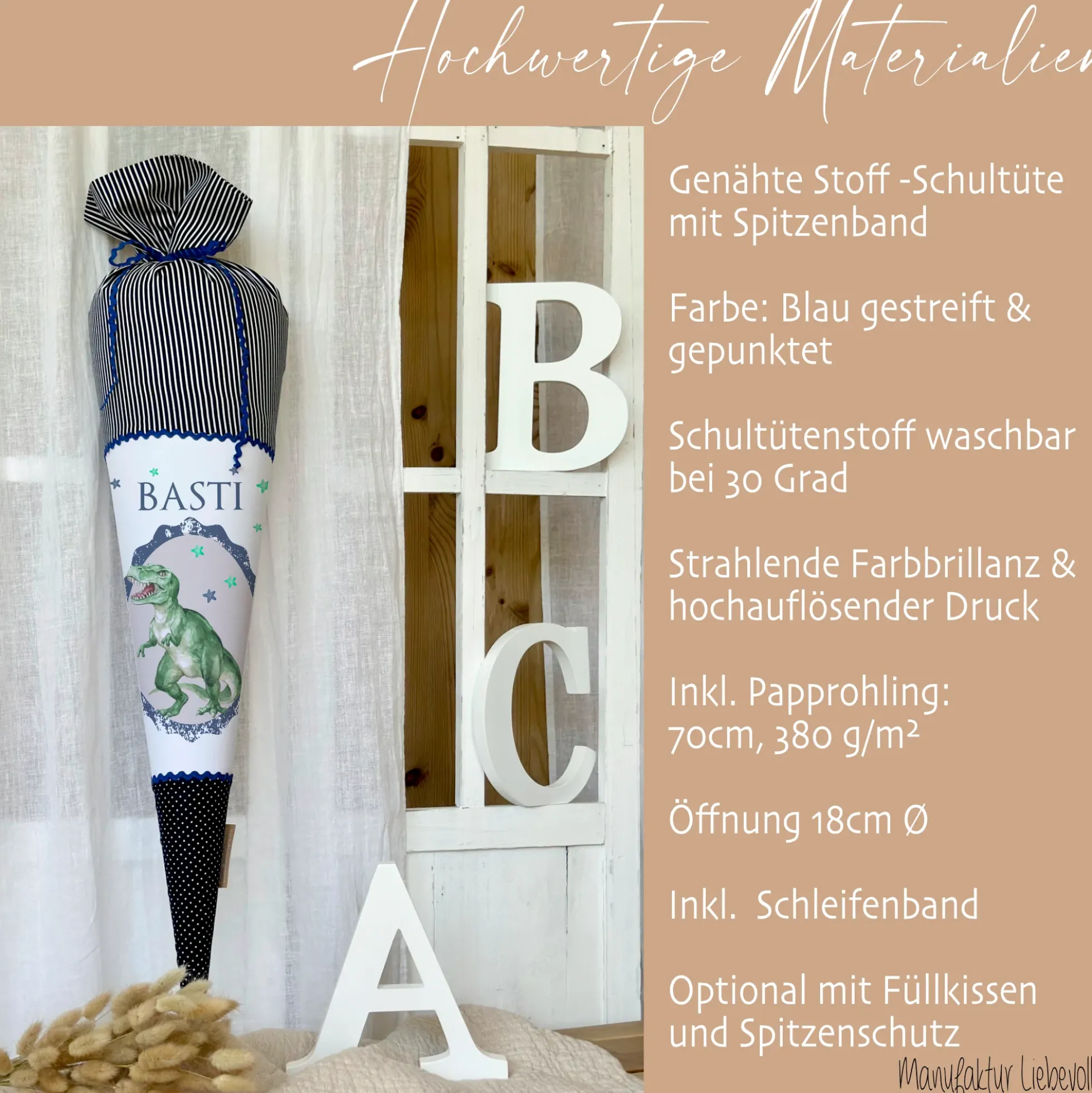 Schultüte "Dinosaurier" aus blauem Stoff | Personalisiert mit dem Namen für Jungen | Optional mit Füllkissen und Spitzenschutz