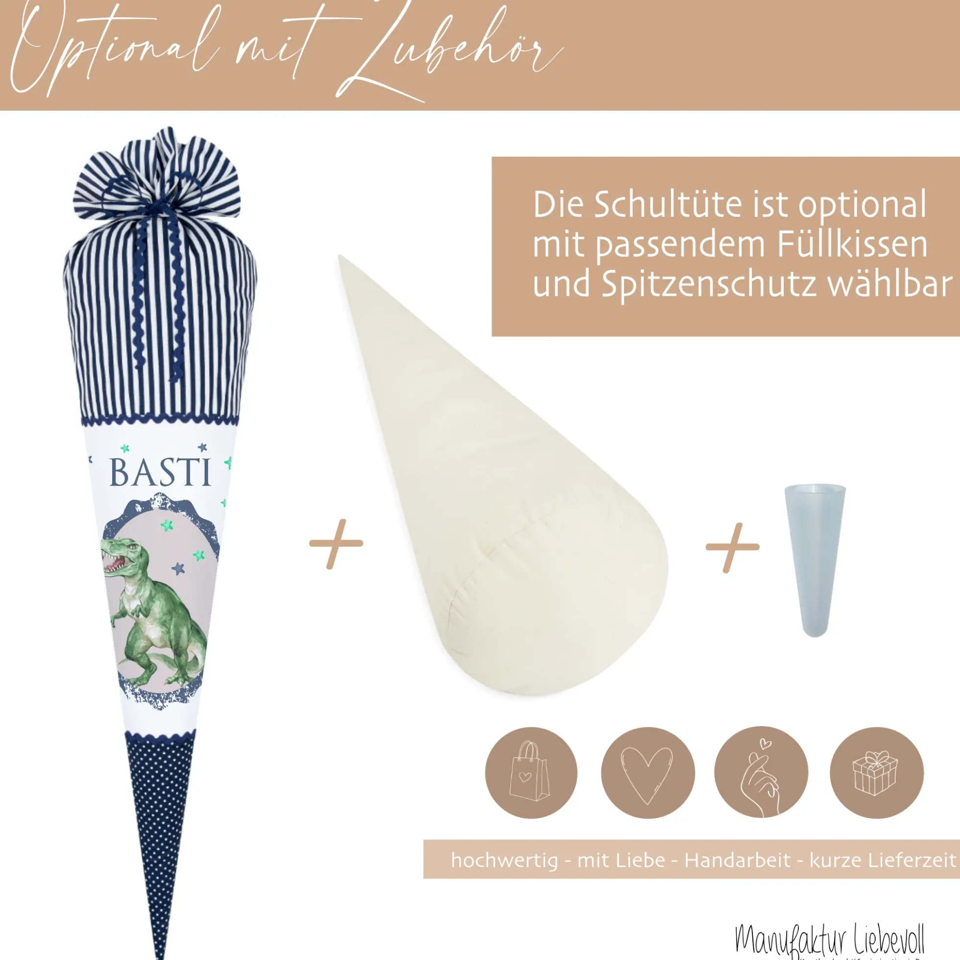 Schultüte "Dinosaurier" aus blauem Stoff | Personalisiert mit dem Namen für Jungen | Optional mit Füllkissen und Spitzenschutz