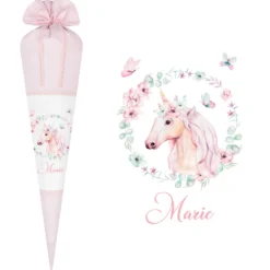 Schultüte "Einhorn" aus rosa Stoff | Personalisiert mit dem Namen für Mädchen | Optional mit Füllkissen und Spitzenschutz