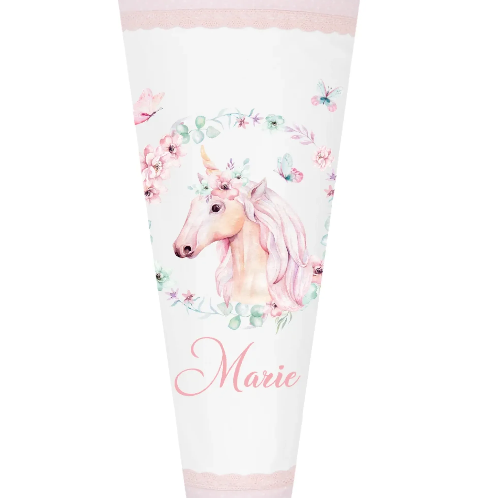 Schultüte "Einhorn" aus rosa Stoff | Personalisiert mit dem Namen für Mädchen | Optional mit Füllkissen und Spitzenschutz