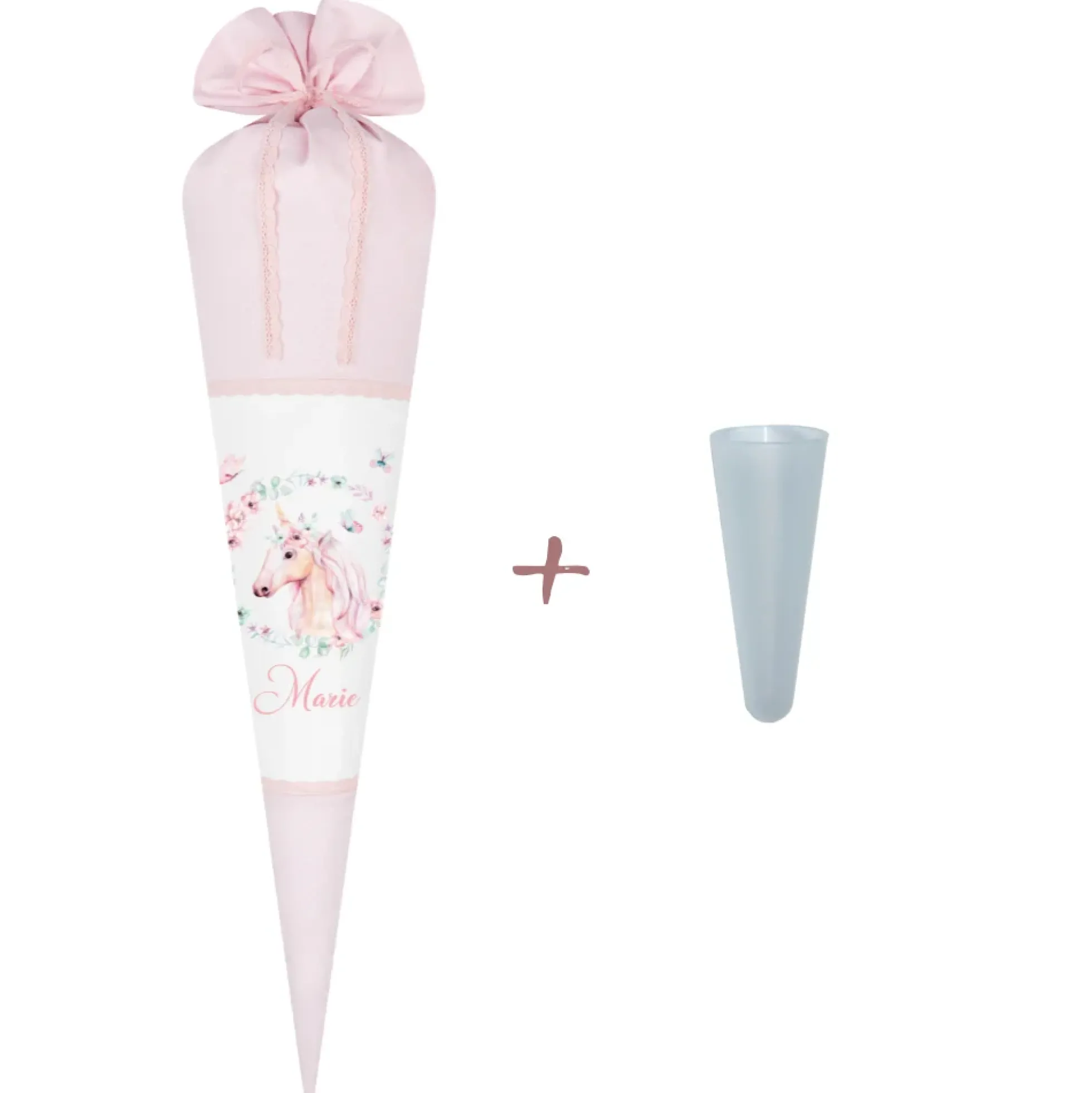 Schultüte "Einhorn" aus rosa Stoff | Personalisiert mit dem Namen für Mädchen | Optional mit Füllkissen und Spitzenschutz