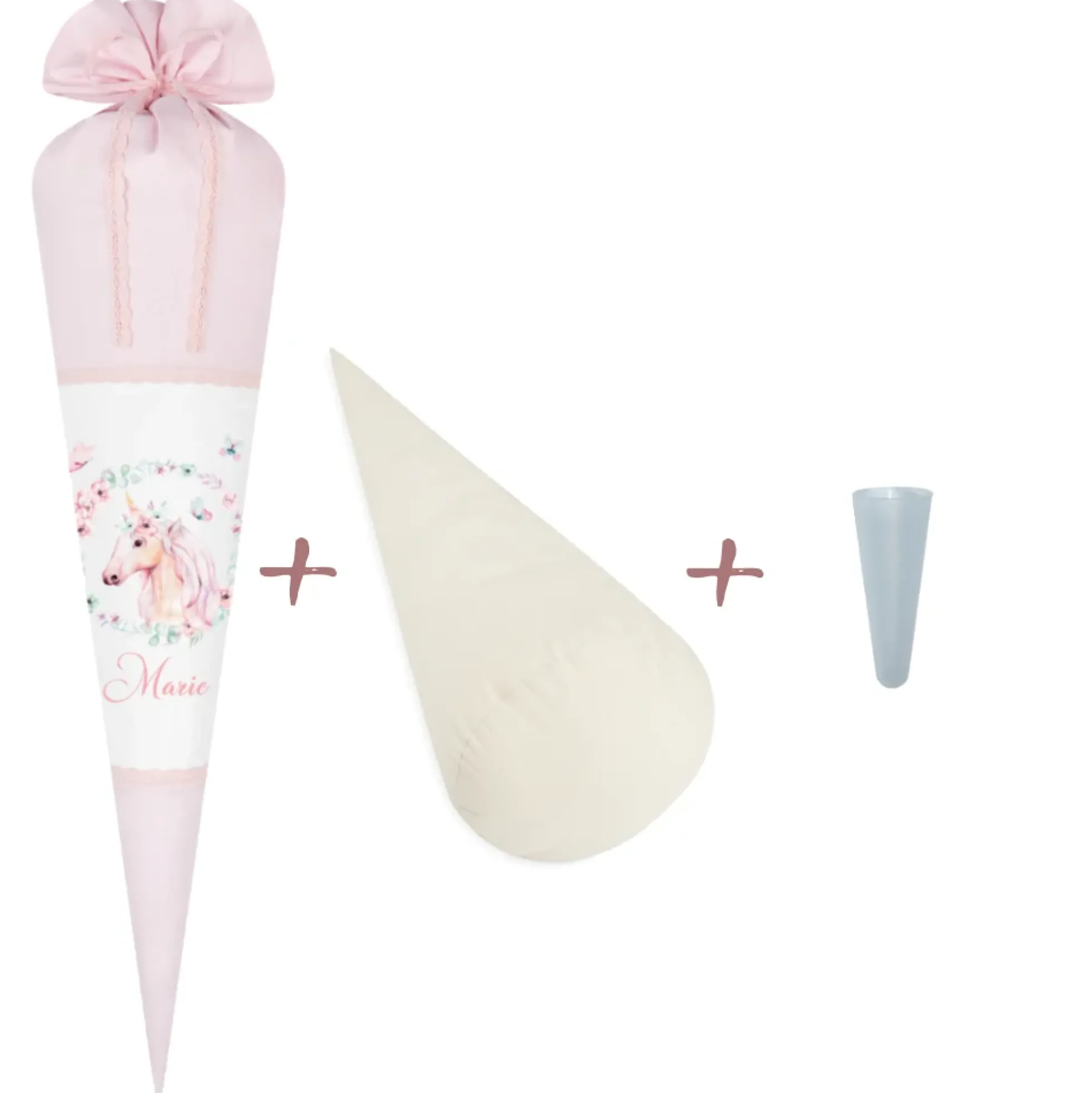 Schultüte "Einhorn" aus rosa Stoff | Personalisiert mit dem Namen für Mädchen | Optional mit Füllkissen und Spitzenschutz