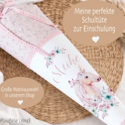 Schultüte "Einhorn" mit Namen handgefertigt | Schöne Stoffschultüte zur Einschulung für Mädchen mit geblümten Stoff | Optional mit Füllkissen und Spitzenschutz