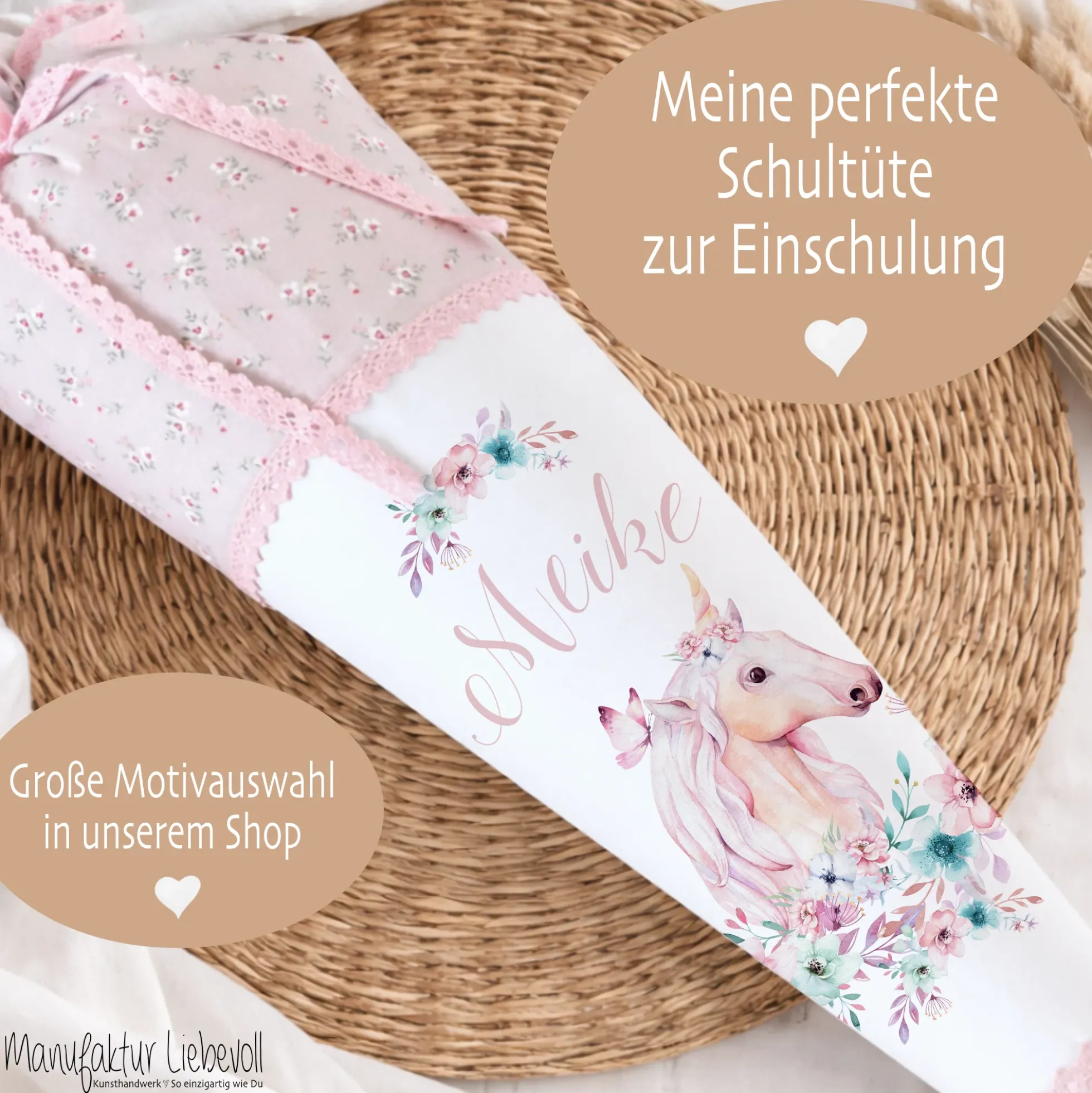 Schultüte "Einhorn" mit Namen handgefertigt | Schöne Stoffschultüte zur Einschulung für Mädchen mit geblümten Stoff | Optional mit Füllkissen und Spitzenschutz