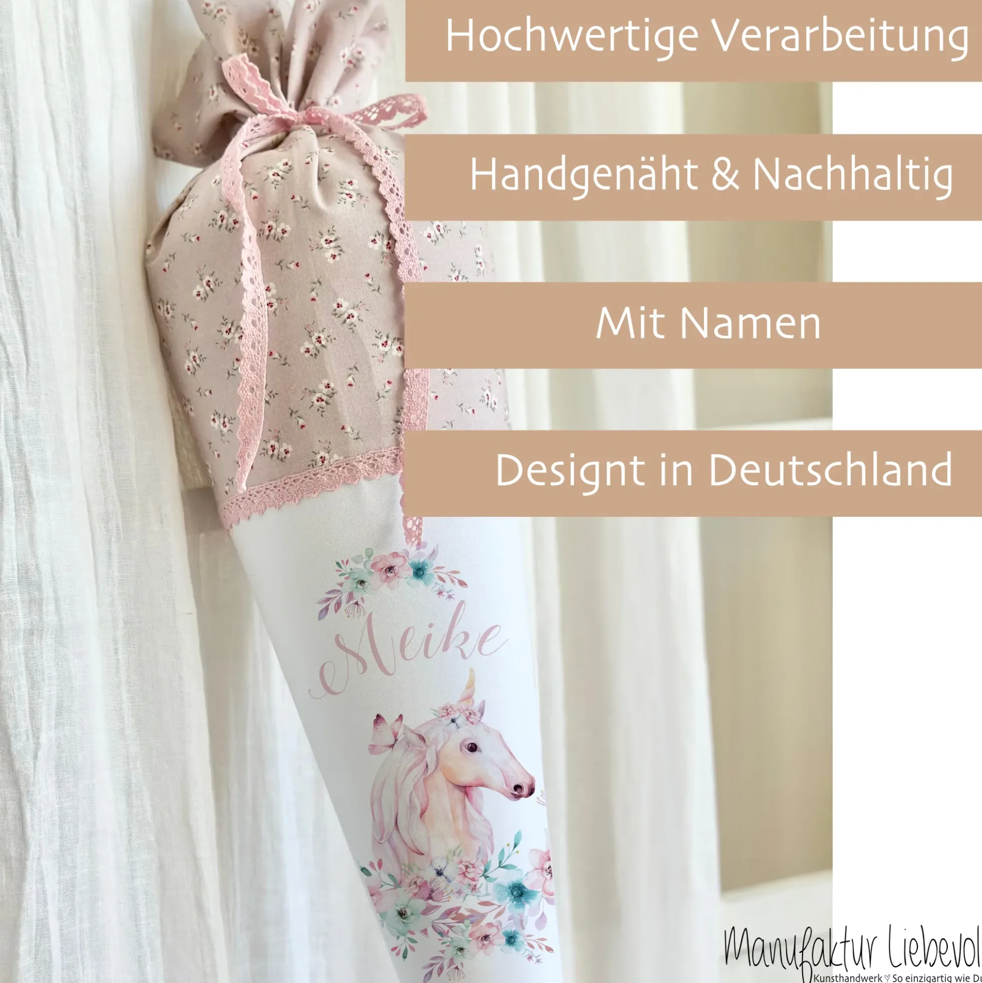 Schultüte "Einhorn" mit Namen handgefertigt | Schöne Stoffschultüte zur Einschulung für Mädchen mit geblümten Stoff | Optional mit Füllkissen und Spitzenschutz