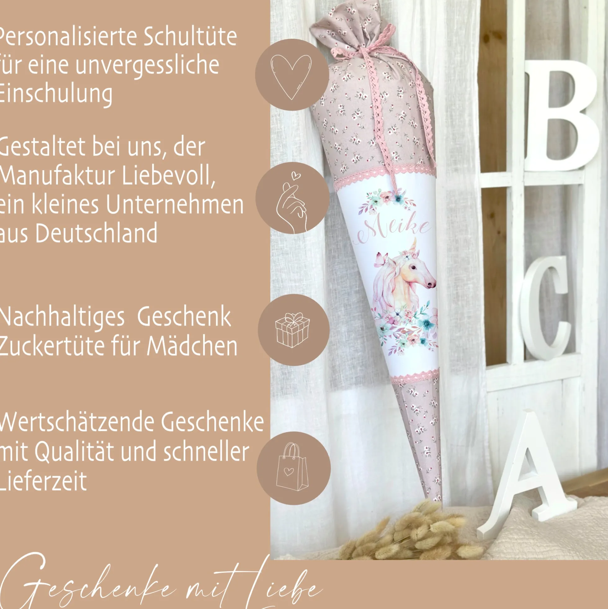 Schultüte "Einhorn" mit Namen handgefertigt | Schöne Stoffschultüte zur Einschulung für Mädchen mit geblümten Stoff | Optional mit Füllkissen und Spitzenschutz