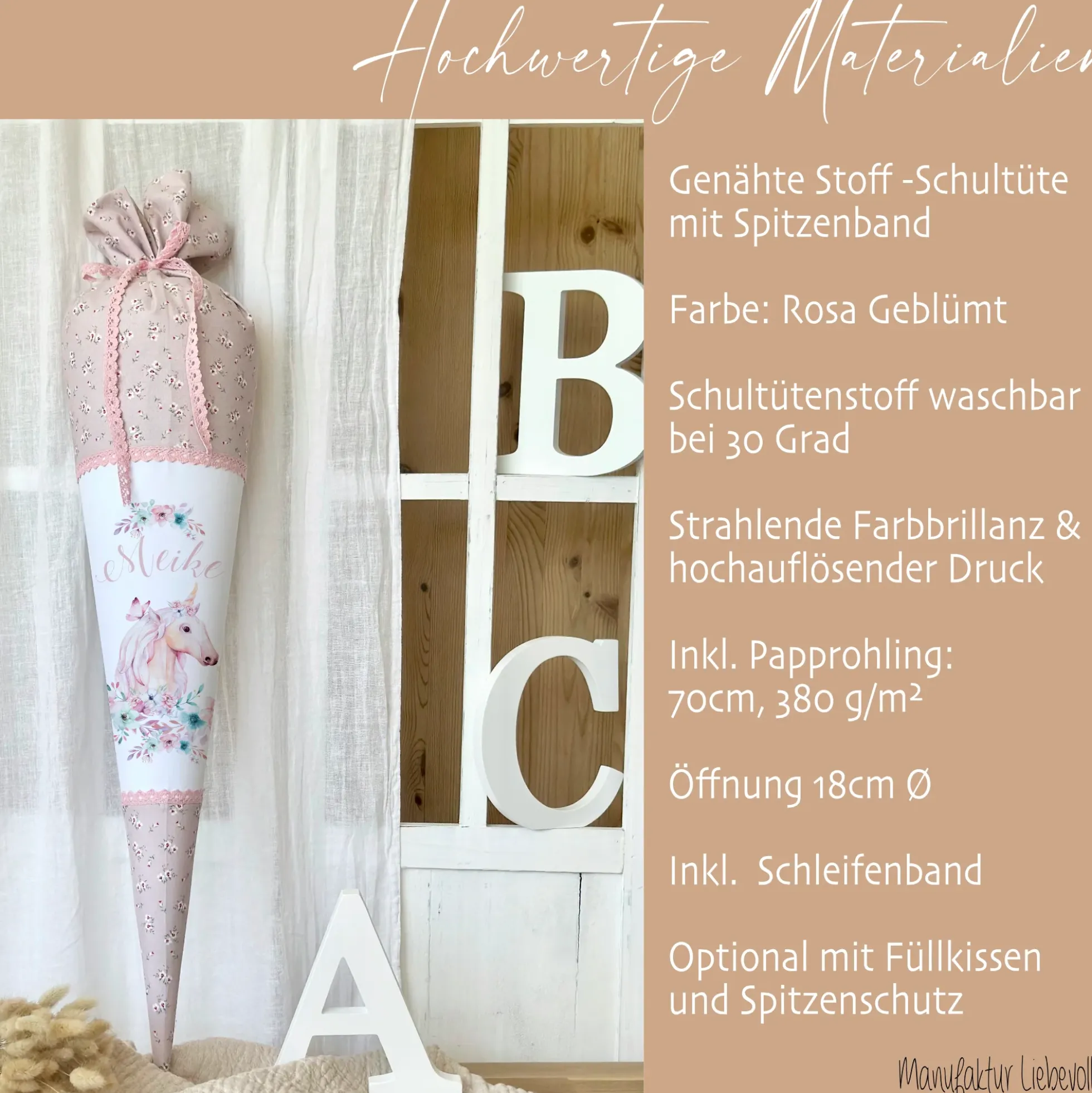 Schultüte "Einhorn" mit Namen handgefertigt | Schöne Stoffschultüte zur Einschulung für Mädchen mit geblümten Stoff | Optional mit Füllkissen und Spitzenschutz