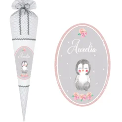 Schultüte für Mädchen mit schönem Pinguin | Stoffschultüte mit Namen | Handgefertigte Stoffschultüte zum Schulbeginn | Optional mit Füllkissen und Spitzenschutz
