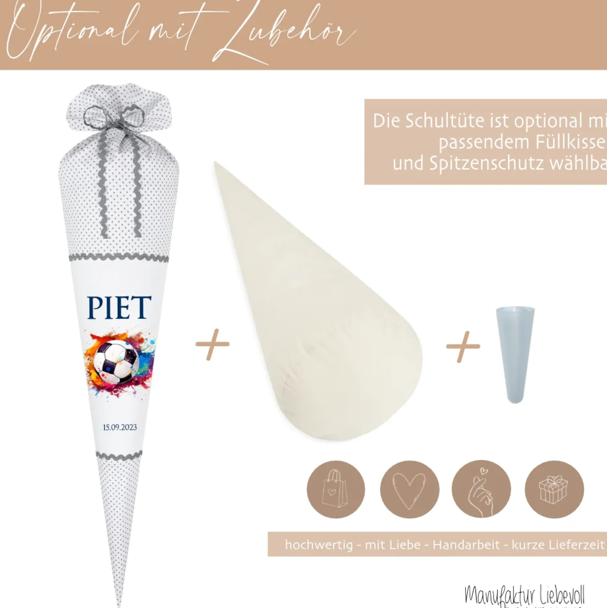 Schultüte Fußball Stoff Grau Junge Sport Fußballspieler Personalisiert Wunschname Einschulungstüte Einschulungsdatum 70 cm | Optional mit Füllkissen und Spitzenschutz