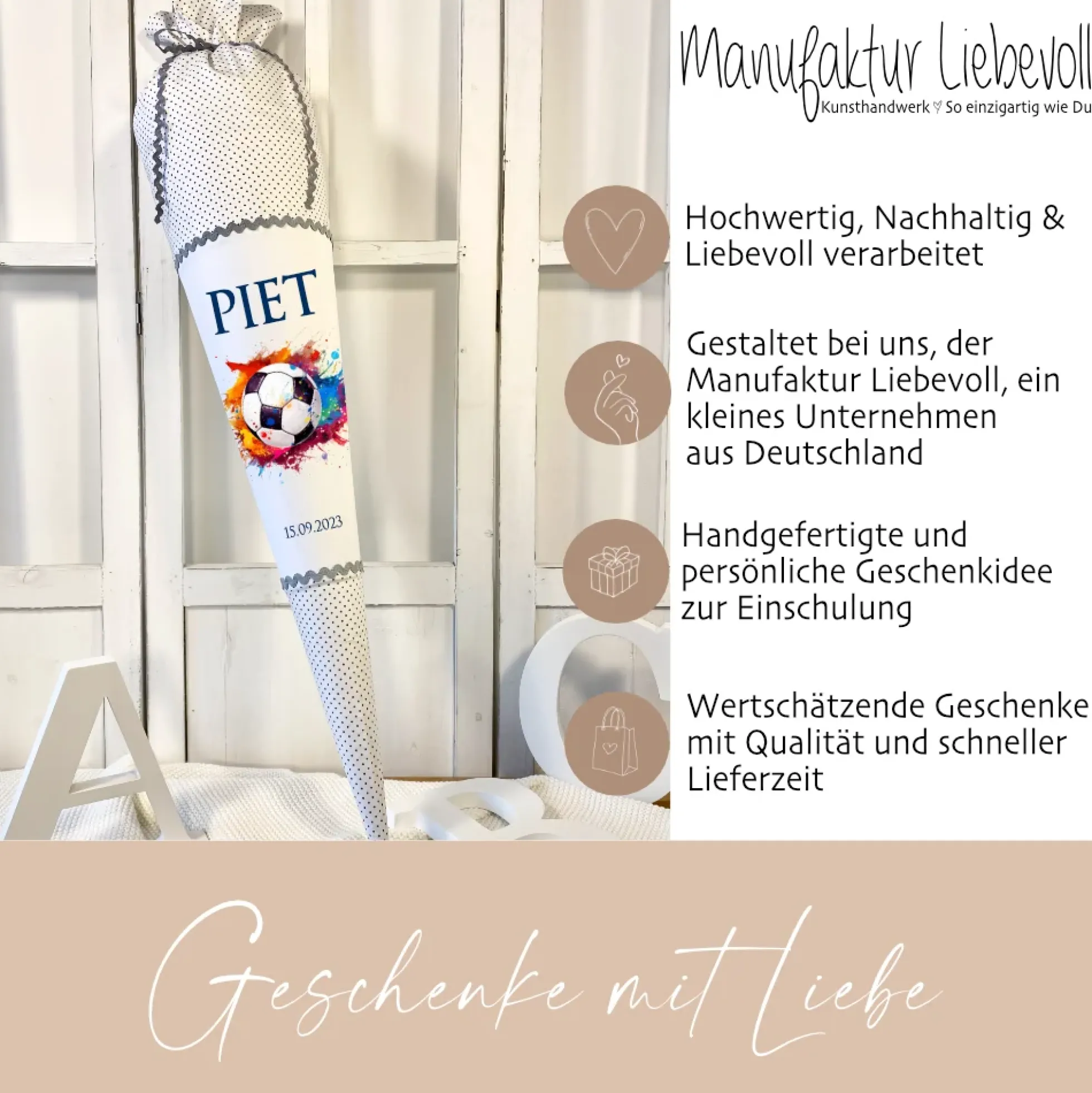 Schultüte Fußball Stoff Grau Junge Sport Fußballspieler Personalisiert Wunschname Einschulungstüte Einschulungsdatum 70 cm | Optional mit Füllkissen und Spitzenschutz