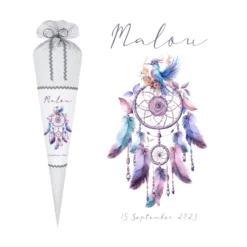 Schultüte Traumfänger Mädchen Name Personalisiert Blumen Boho Vintage Einschulungstüte Stoff Zuckertüte Datum 70 cm | Optional mit Füllkissen und Spitzenschutz