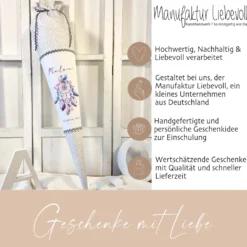 Schultüte Traumfänger Mädchen Name Personalisiert Blumen Boho Vintage Einschulungstüte Stoff Zuckertüte Datum 70 cm | Optional mit Füllkissen und Spitzenschutz