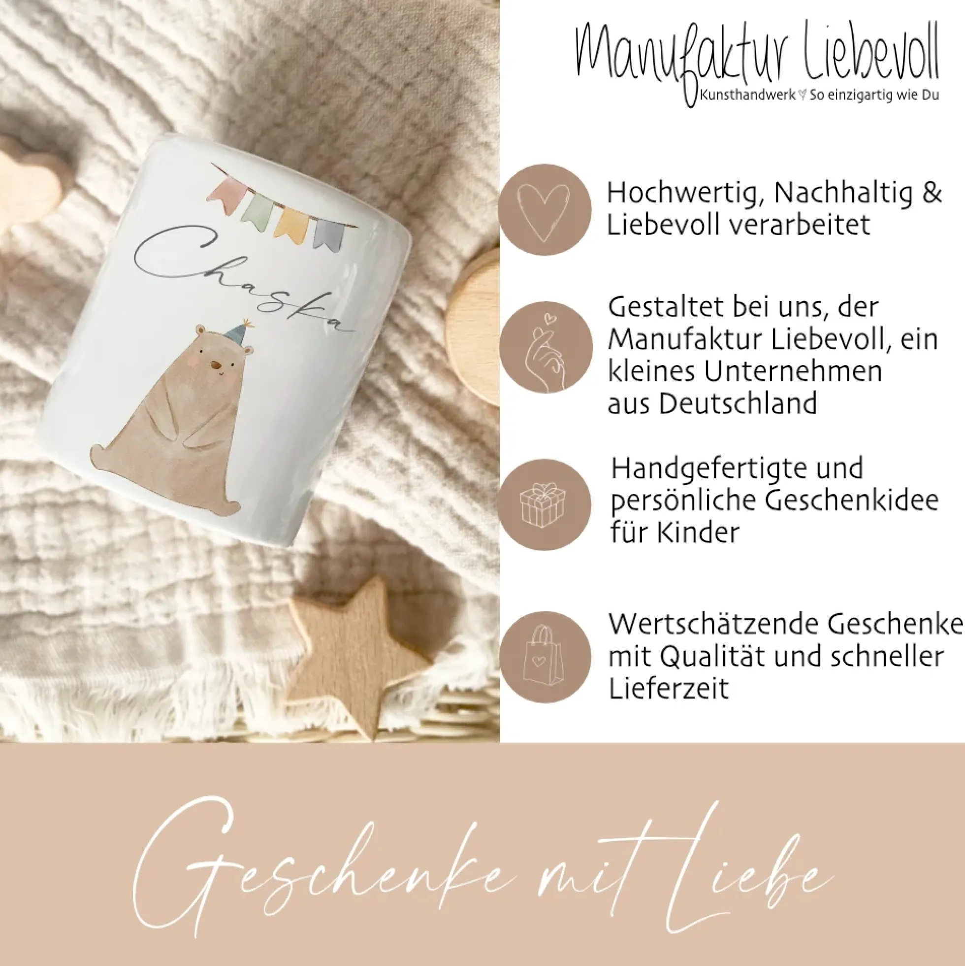 Spardose aus Keramik - Personalisiert mit dem Namen, Motiv "Bär" für Kinder