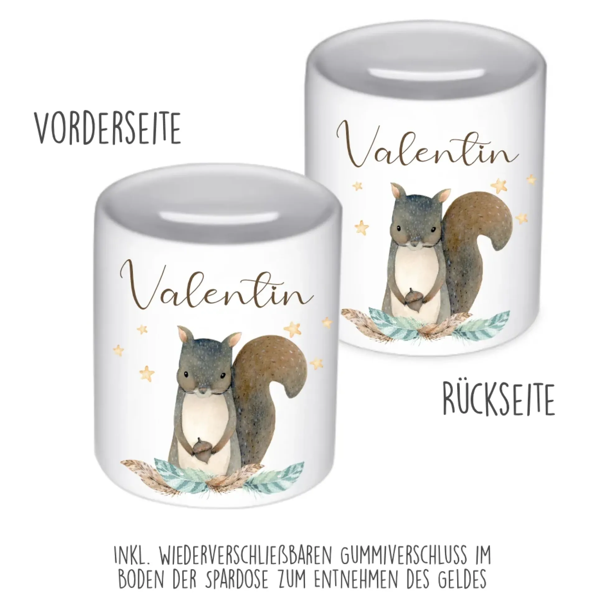 Spardose Eichhörnchen mit Namen für Kinder | Personalisiertes Geschenk für Mädchen u. Jungen | Originelles Geldgeschenk u. handgefertigte Geschenkidee | 11 Motive zur Auswahl