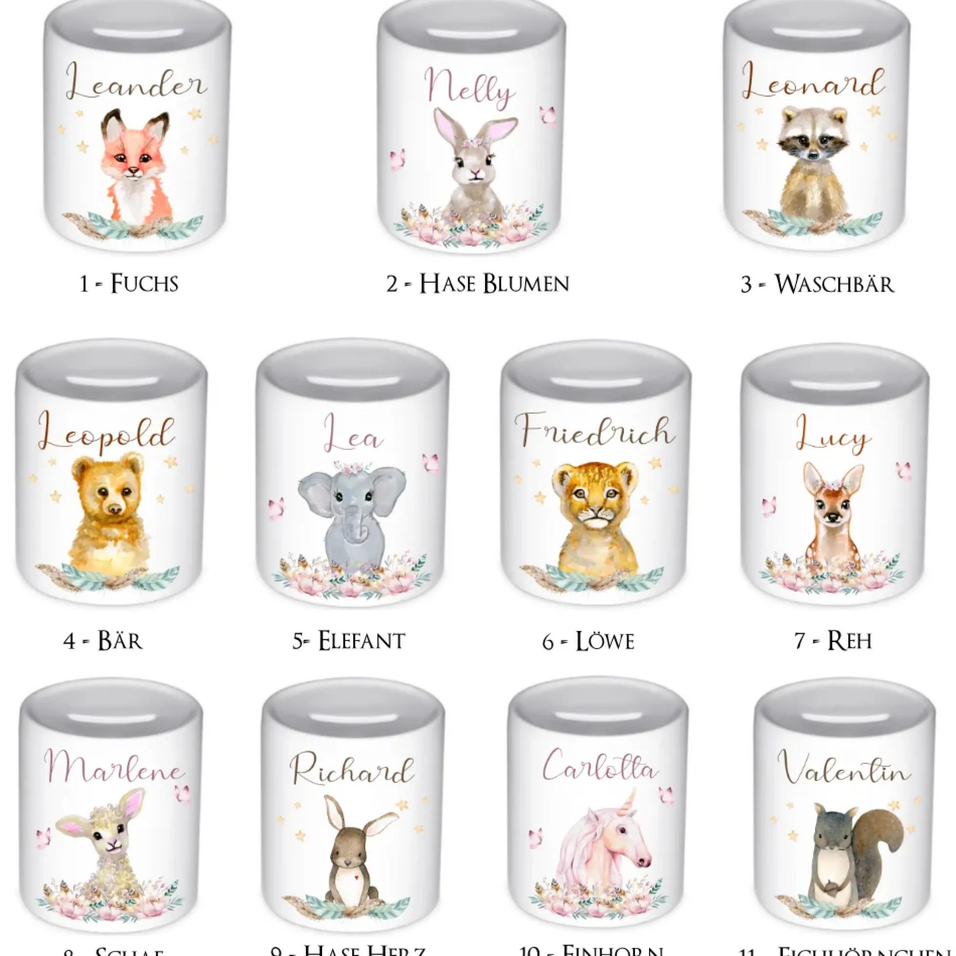 Spardose Eichhörnchen mit Namen für Kinder | Personalisiertes Geschenk für Mädchen u. Jungen | Originelles Geldgeschenk u. handgefertigte Geschenkidee | 11 Motive zur Auswahl