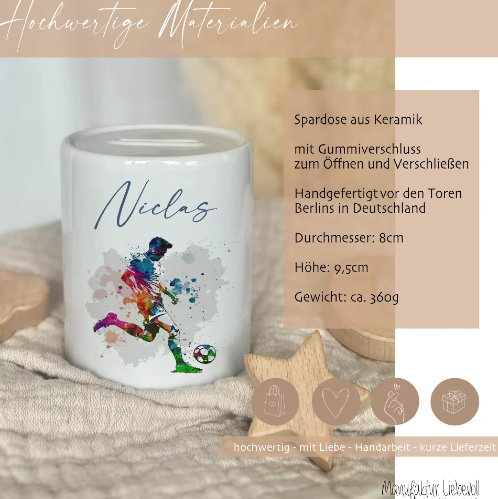 Spardose "Fußball" mit Namen für Jungen | Geschenk für Kinder Teenager | Personalisiertes Geldgeschenk I Geschenkidee zum Geburtstag | 10 Motive zur Auswahl