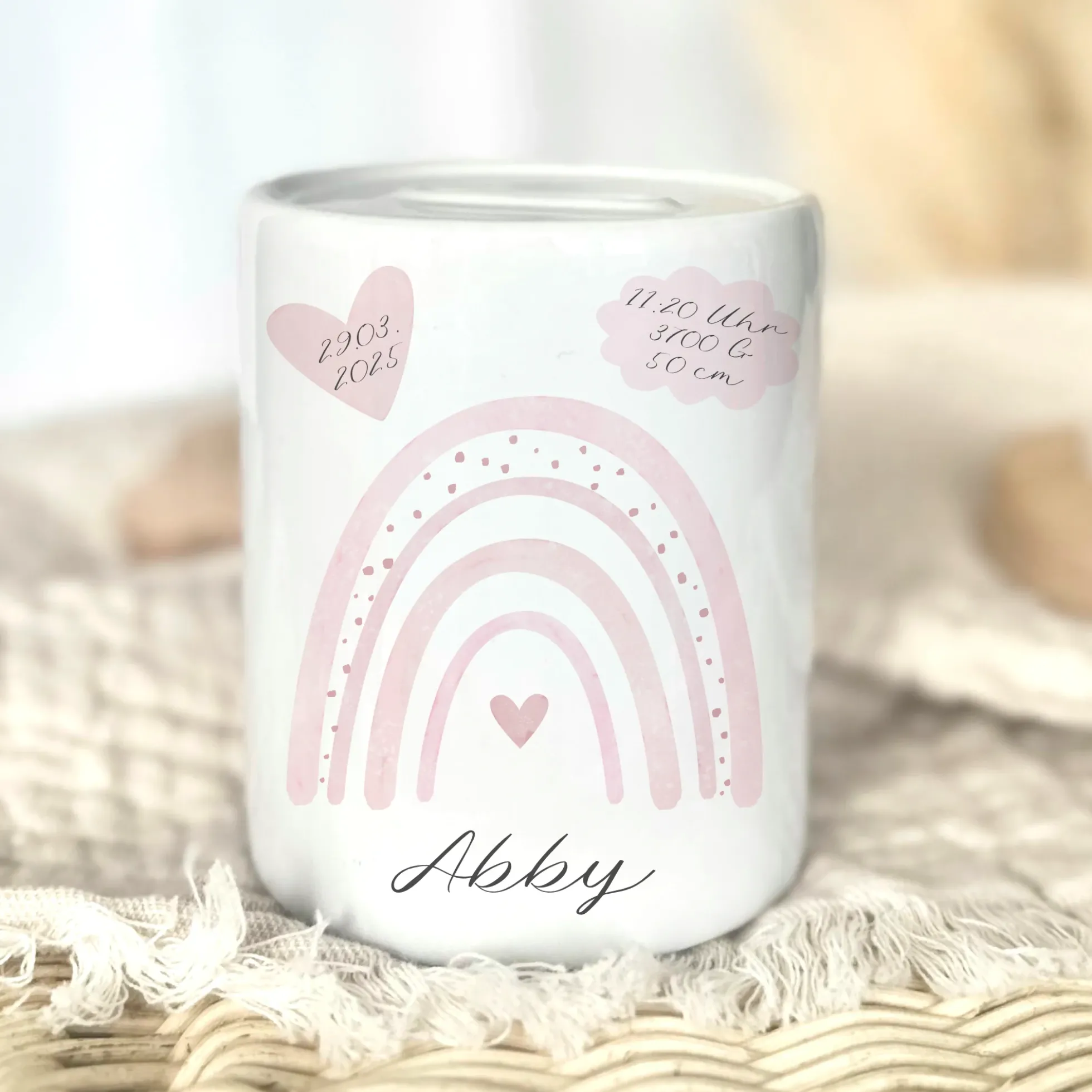 Spardose Regenbogen für Babys, personalisiert mit Namen und Geburtsdaten