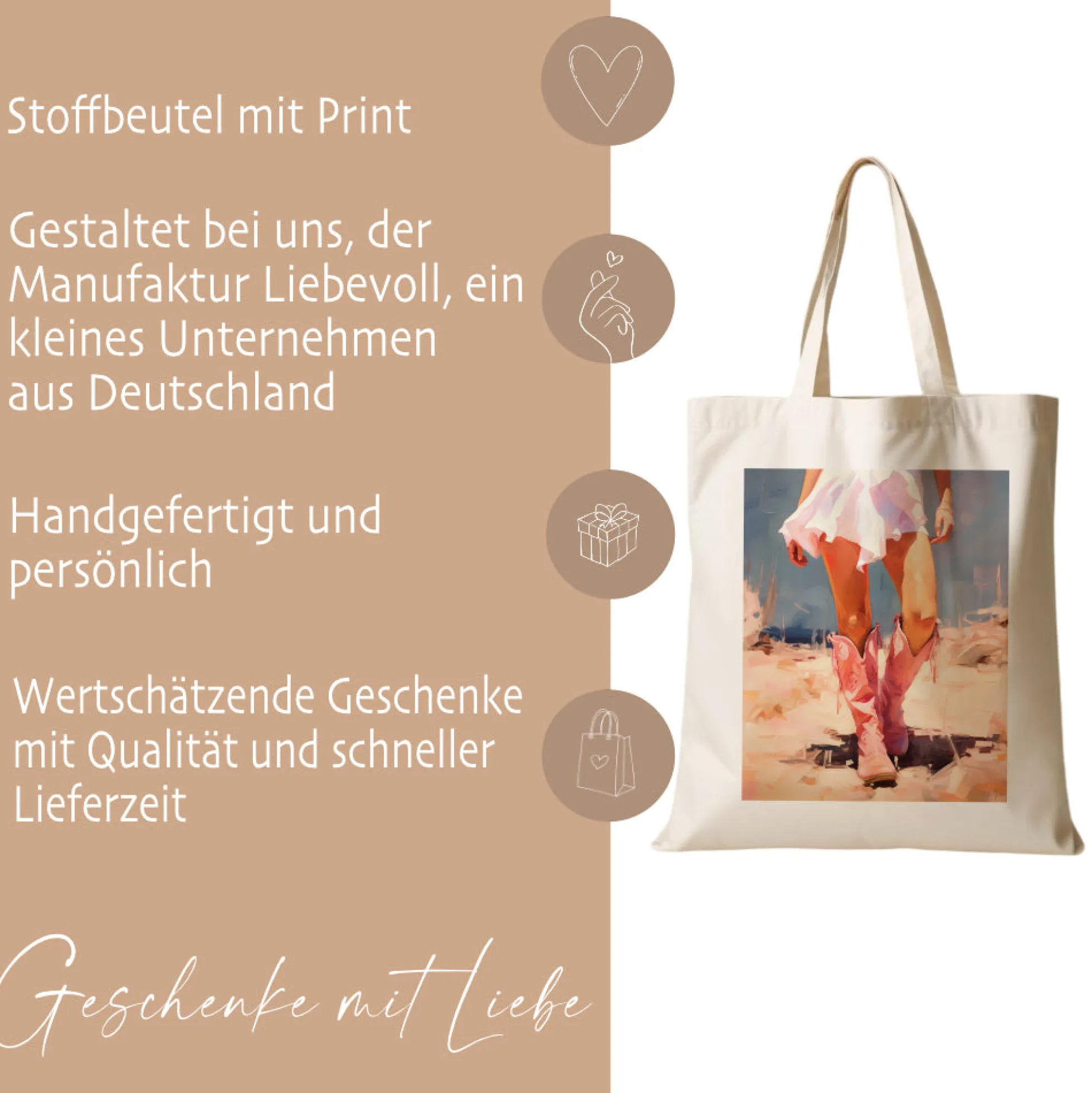 Stoffbeutel bedruckt, Motive: Cowgirl mit Boots, Respectfully, Thank u, next