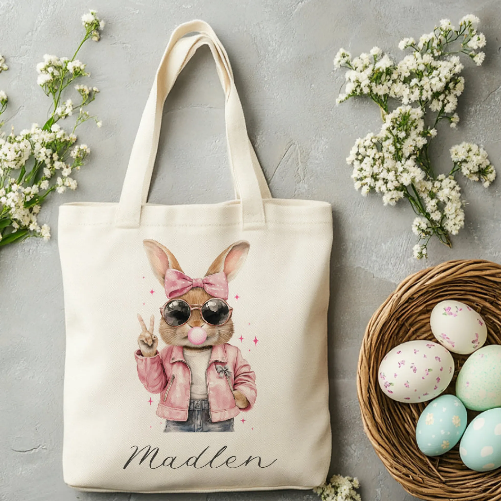 Stoffbeutel mit Namen bedruckt, Motive: Osterohren, Bubble Gum Osterhasen