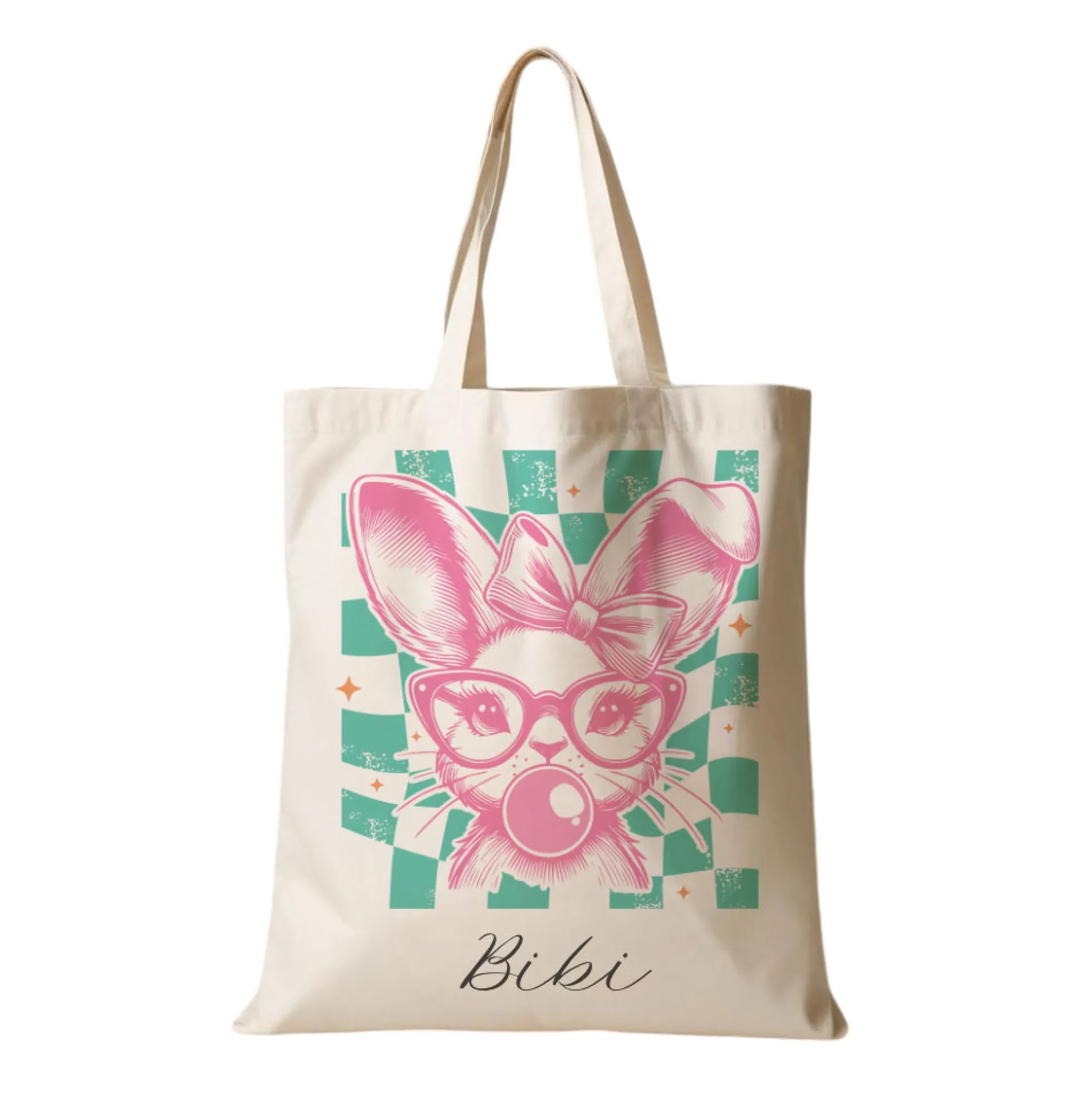 Stoffbeutel mit Namen bedruckt, Motive: Osterohren, Bubble Gum Osterhasen