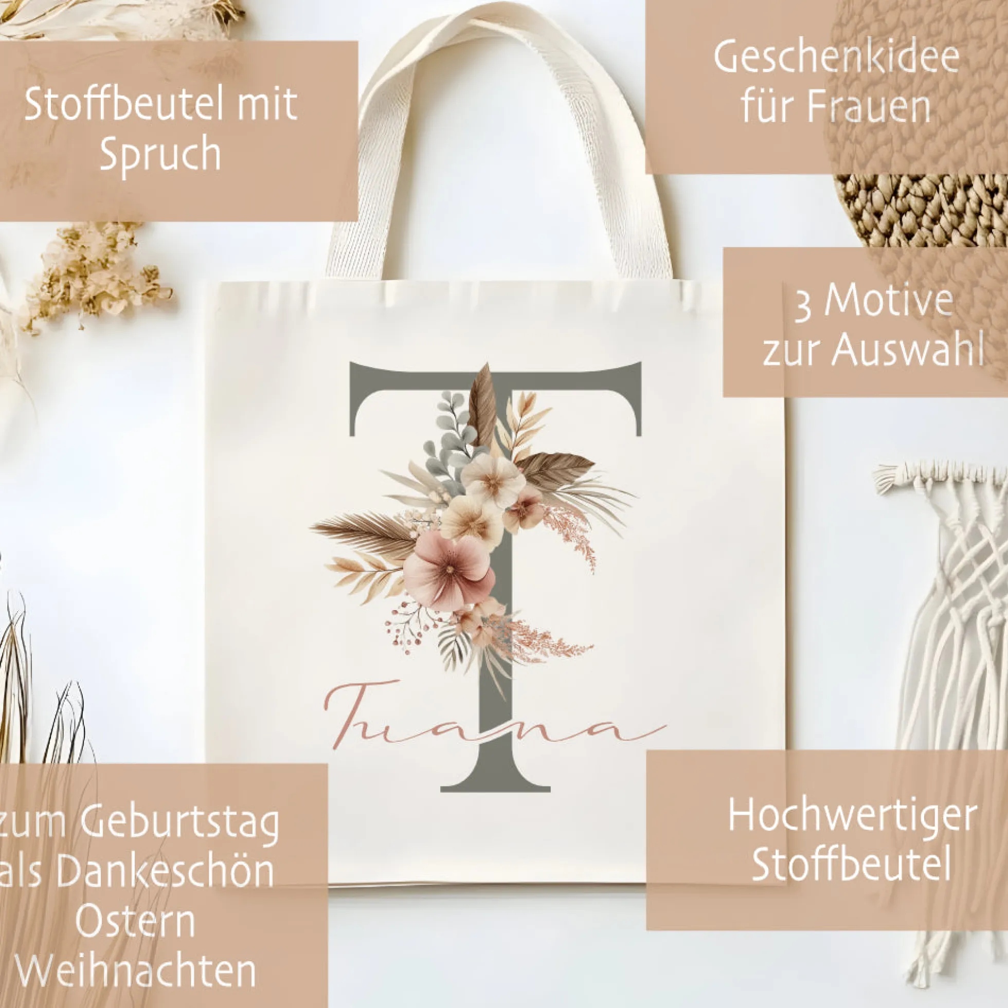 Stoffbeutel mit Namen und Anfangsbuchstaben