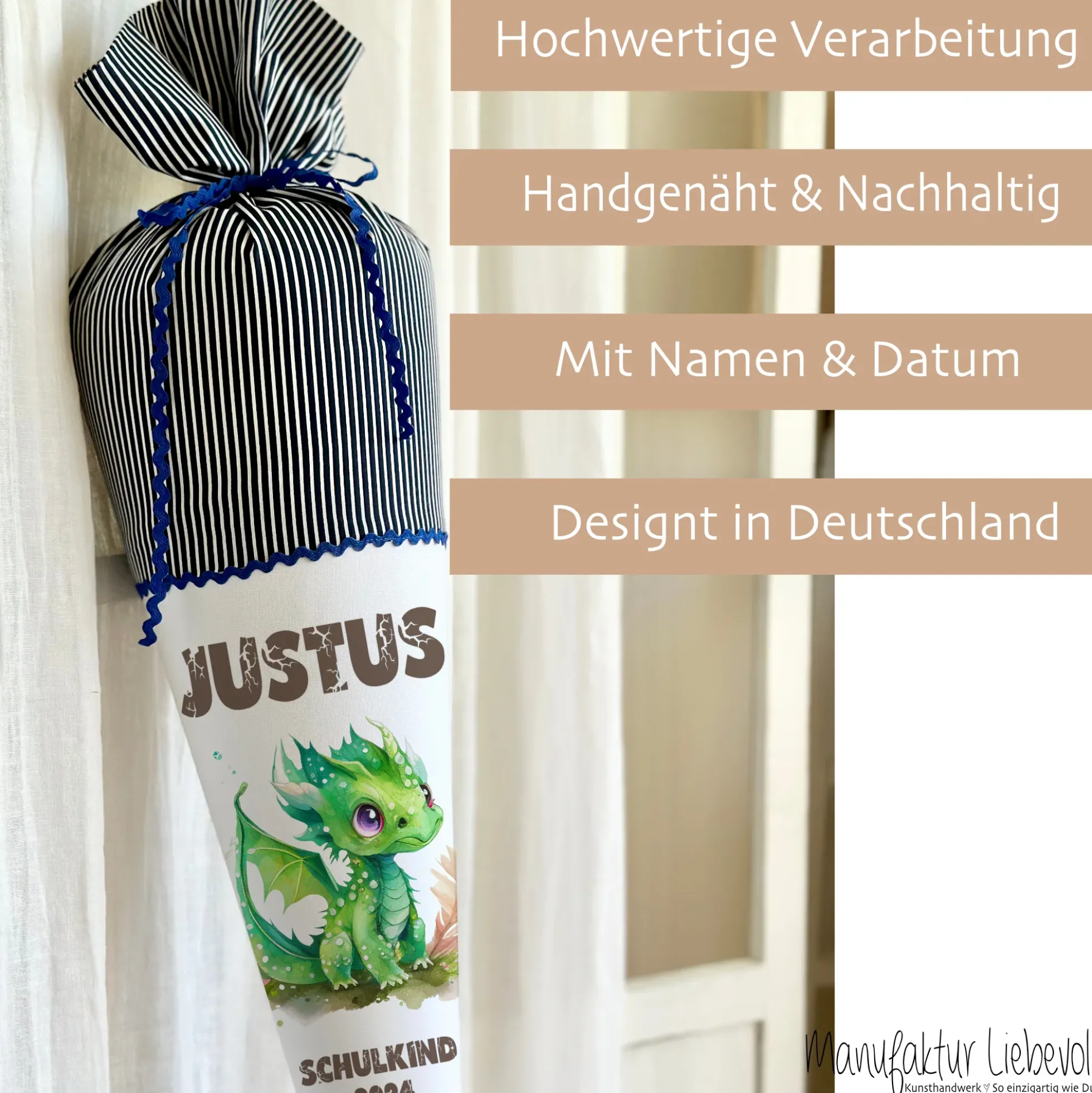 Stoff Schultüte grüner Drache | Personalisiert mit dem Namen für Jungen | Optional mit Füllkissen und Spitzenschutz