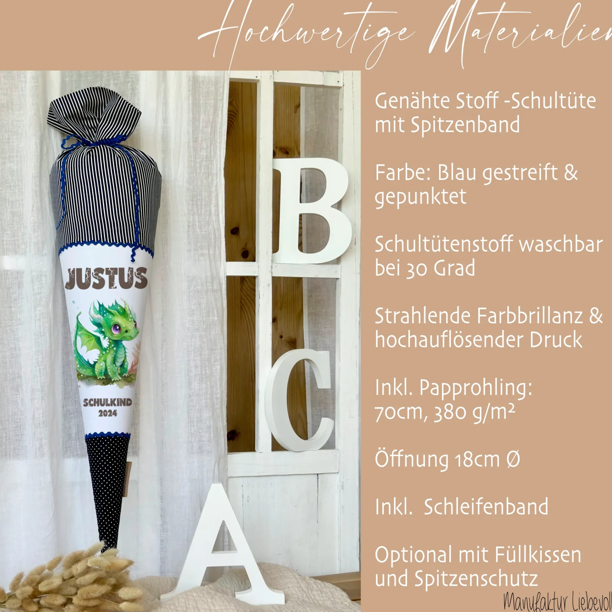Stoff Schultüte grüner Drache | Personalisiert mit dem Namen für Jungen | Optional mit Füllkissen und Spitzenschutz