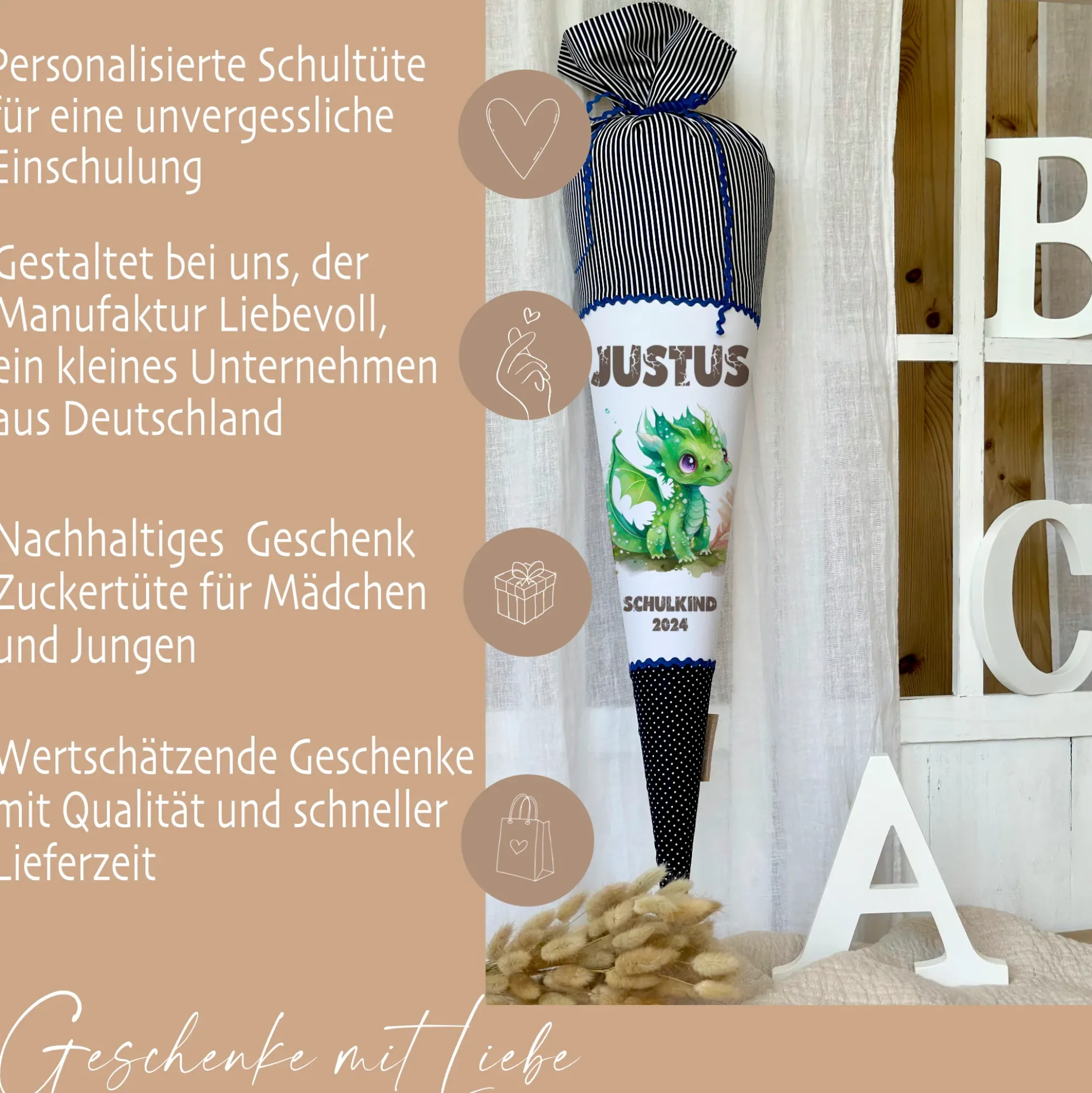 Stoff Schultüte grüner Drache | Personalisiert mit dem Namen für Jungen | Optional mit Füllkissen und Spitzenschutz